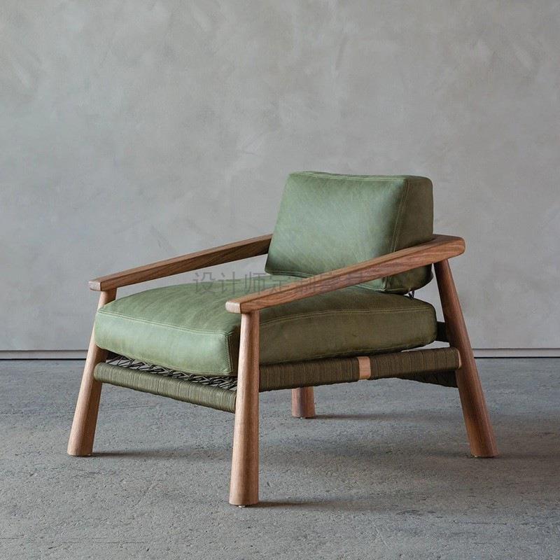 北欧简约大气实木客厅沙发椅设计师创意纯手工编绳休闲椅扶手单椅