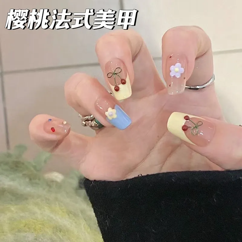 甜辣樱桃法式纯手工美甲穿戴甲短款高级小众ins可爱甜美显白网红