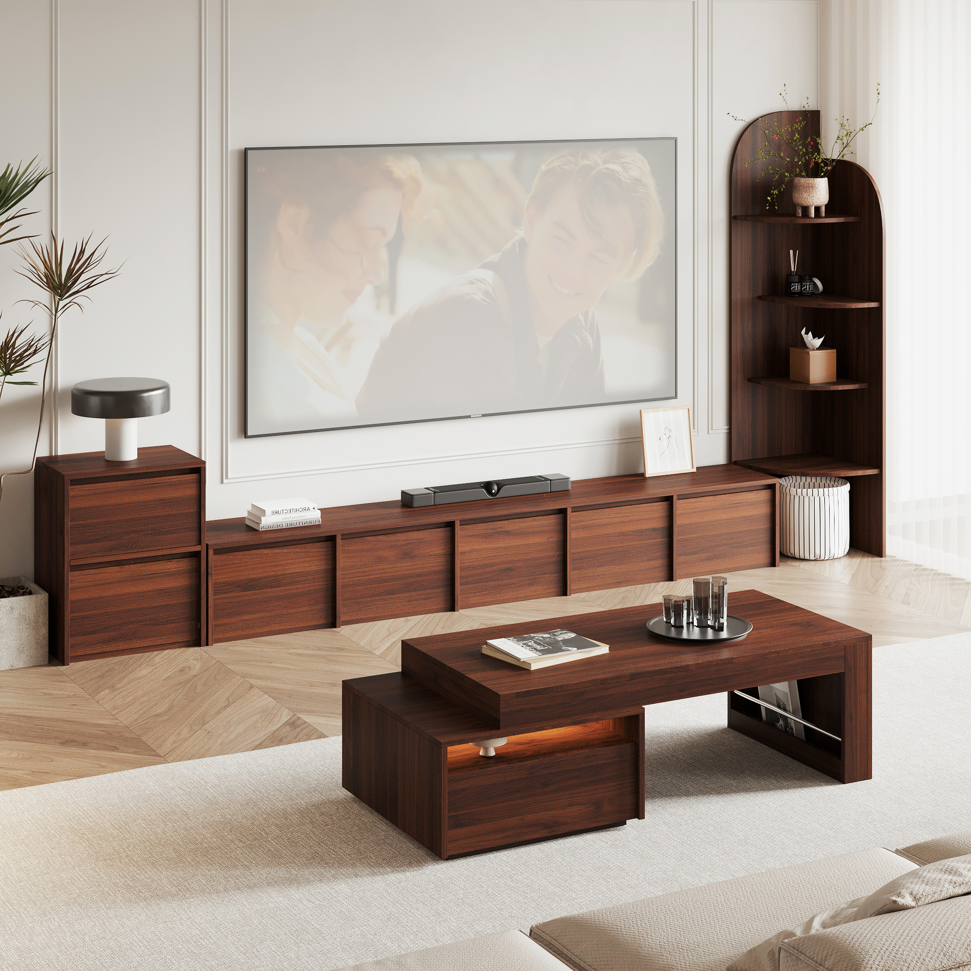 中古风实木骨骼线可伸缩茶几电视柜现代简约组合角柜客厅成套家具