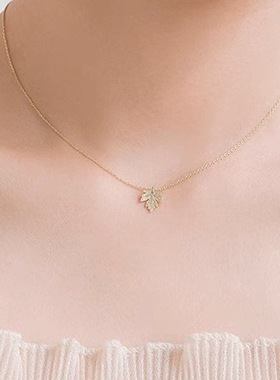 枫叶925银镀18K金色白金色项链清新叶子锁骨高级气质百搭简约个性