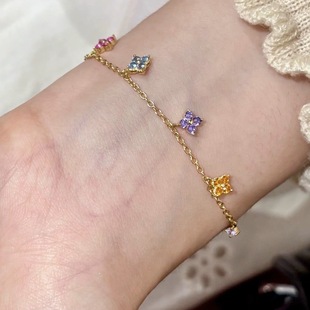 ins同款S925银镀金多巴胺彩色锆石幸运草迷你款四叶手链精致百搭