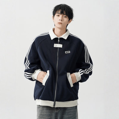 美式撞色条纹开衫卫衣男女秋冬