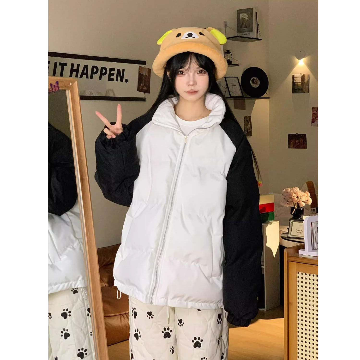潮牌学院风拼色立领棉衣棉服