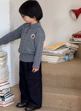 Pawn Tiger2025秋冬新款儿童百搭学院风毛衣翻领POLO刺绣针织毛衣