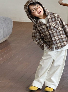 Pawn Tiger2025秋冬新款儿童复古棕法兰绒格纹纯棉连帽衬衫外套
