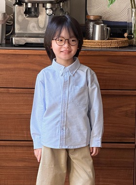 Pawn Tiger2025秋季新品儿童学院风蓝条纹牛津纺长袖衬衫