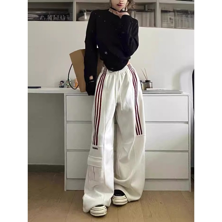 美式高街休闲运动裤女2025欧美hiphop爵士舞小众垂感条纹阔腿卫裤