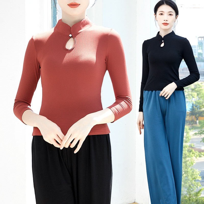 上衣女现代爵士瑜伽修身旗袍领训练形体服装中国风古典舞蹈练功服