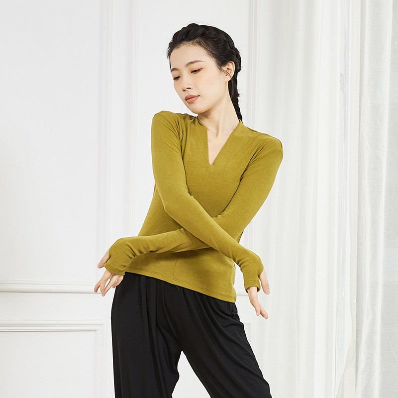 现代舞新款蹈服女练功服艺考服上衣长袖套指形体训练服黑色拉丁服