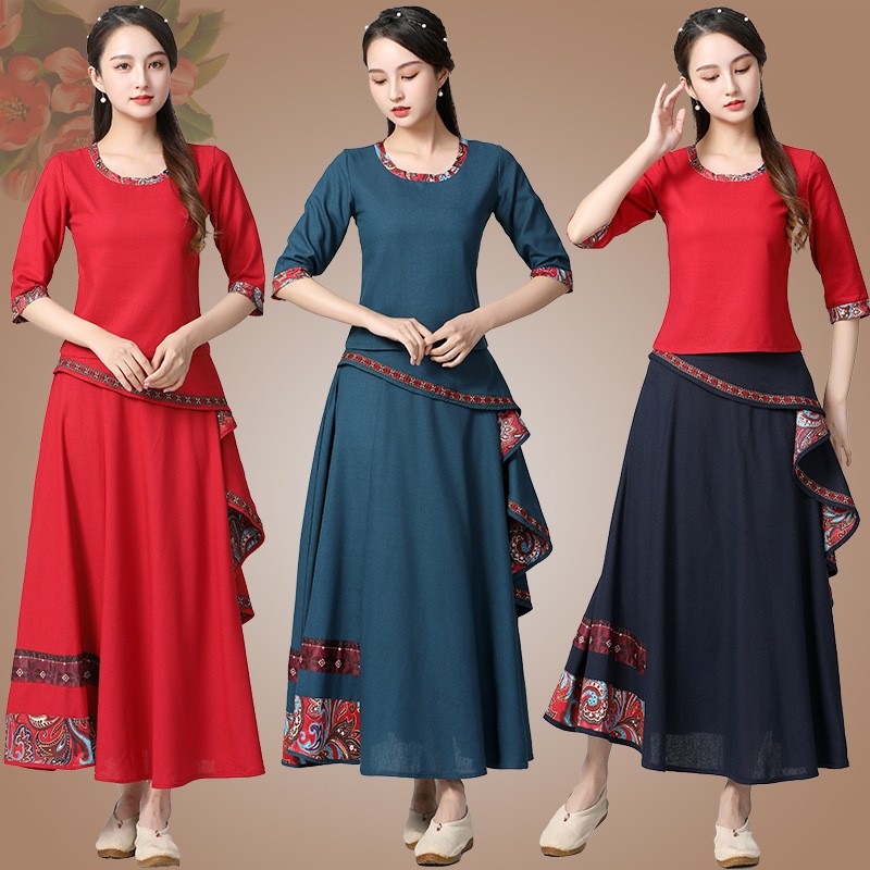 古典舞演出服中国风秋民族舞蹈服套装成人中袖长裙棉麻女演出服装