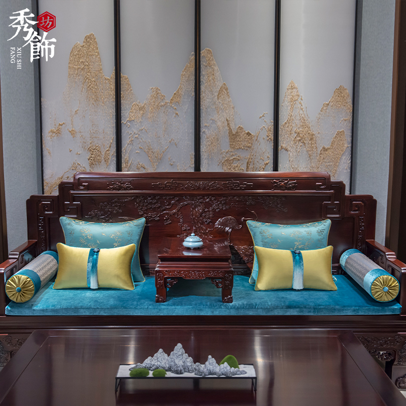 中式红木沙发坐垫古典罗汉床垫子五件高档绒布防滑飘窗座垫定制