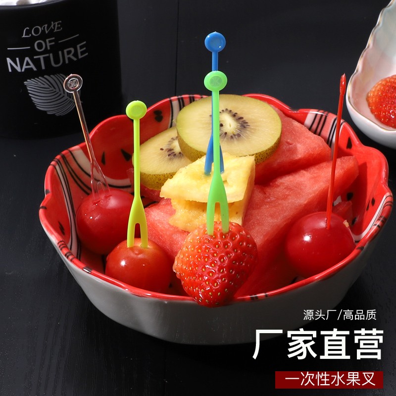 一次性水果叉子OK果叉KTV酒吧塑料水果签果插试吃小叉子加厚