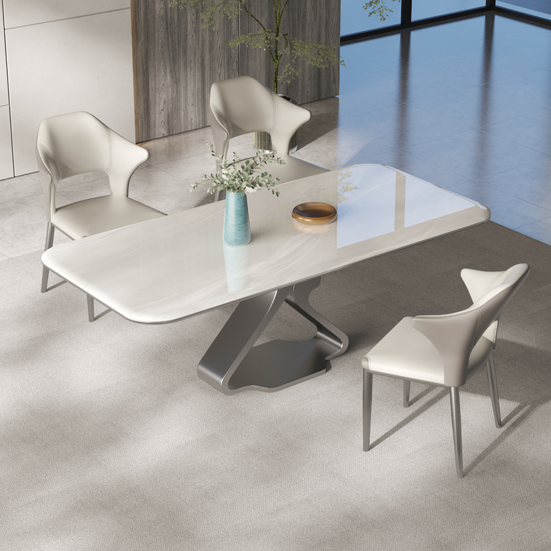 灰色极简岩板餐桌设计师款意式别墅家用长方形侘寂风饭桌椅