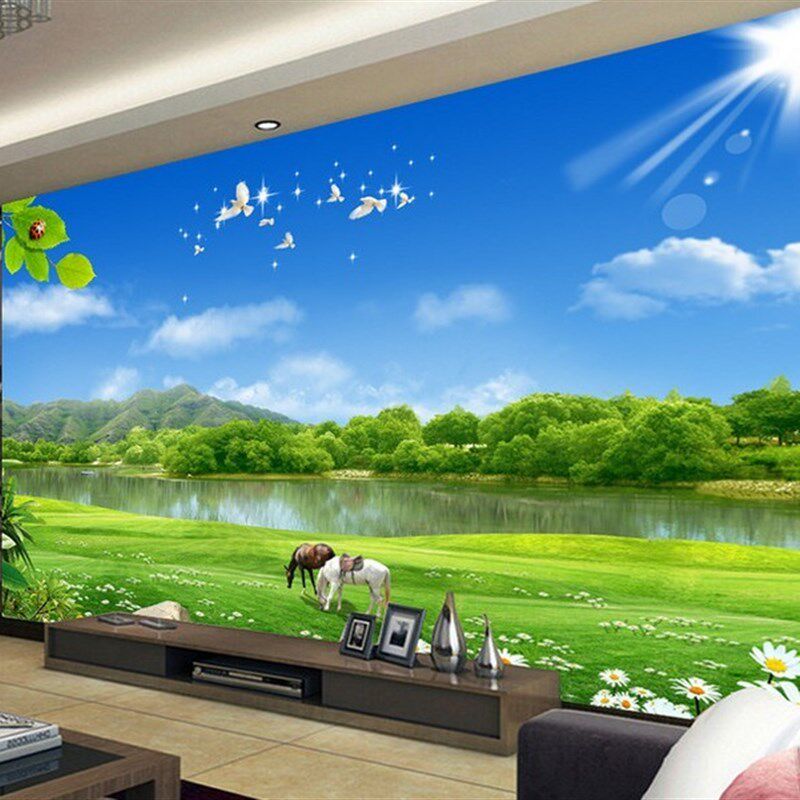 蓝天白云墙纸草原风景壁画公司大厅卧室客厅沙发电视背景墙纸定制