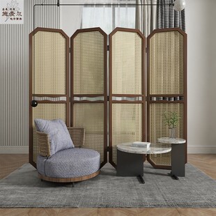 藤编屏风隔断客厅实木中式入户进门遮挡原木玄关移动日式简约折屏