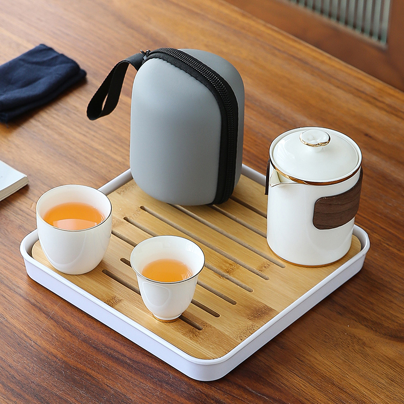 羊脂玉白瓷快客杯一壶二杯陶瓷功夫茶杯旅行茶具套装简约便携收纳