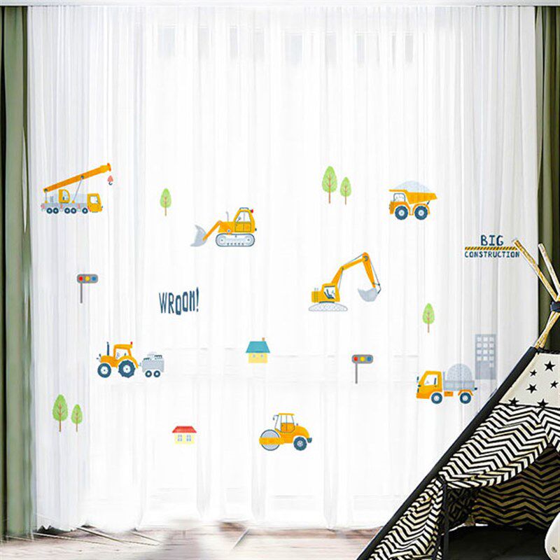 卡通汽车窗帘透气纱帘男孩女孩儿童房卧室窗纱白纱阳台纱遮光隔热