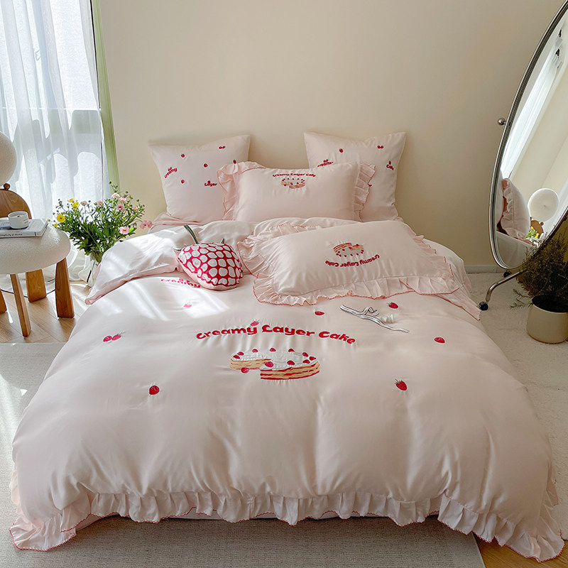 少女心夏季80支双面天丝四件套草莓刺绣荷叶花边被套凉感床上用品