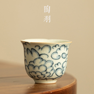 米黄汝窑祥云铃兰杯功夫主人杯复古简约家用可养茶杯品茗杯