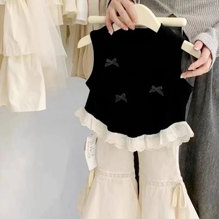小女孩花边拼接背心上衣 女童蝴蝶结无袖 背心甜美夏季 新款 蕾丝韩版