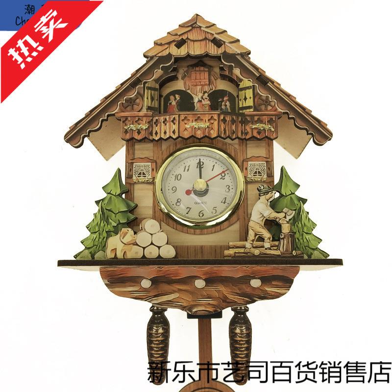 现货挂钟布谷鸟咕咕报时闹钟北欧复古时钟木质客厅钟表电池电子