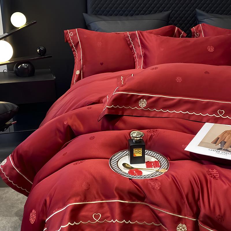 轻奢红色喜字提花婚庆四件套新婚房喜被床单被套床上用品结婚被罩