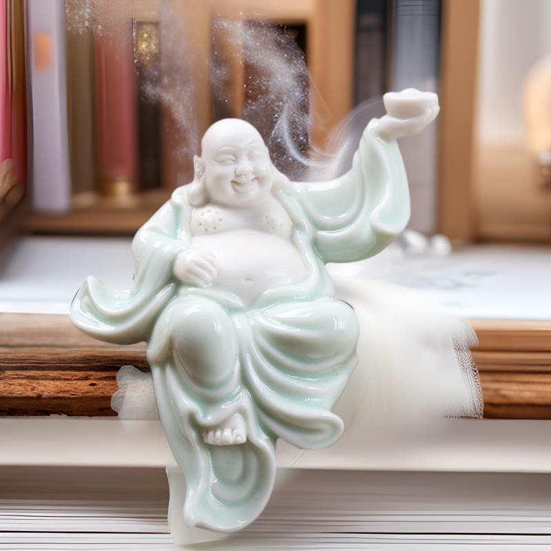 中式小号青瓷弥勒佛佛像家居家用客厅装饰陶瓷工艺品禅意桌面摆件