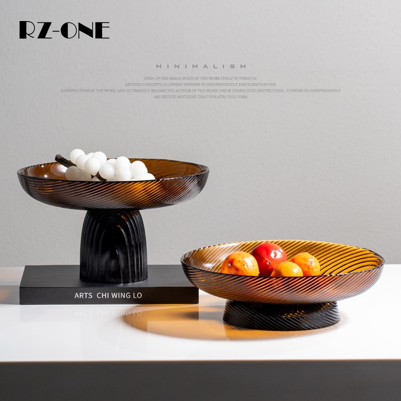 Rzone 北欧轻奢双拼色玻璃果盘焦糖色拿铁大地色茶几软装饰品摆件