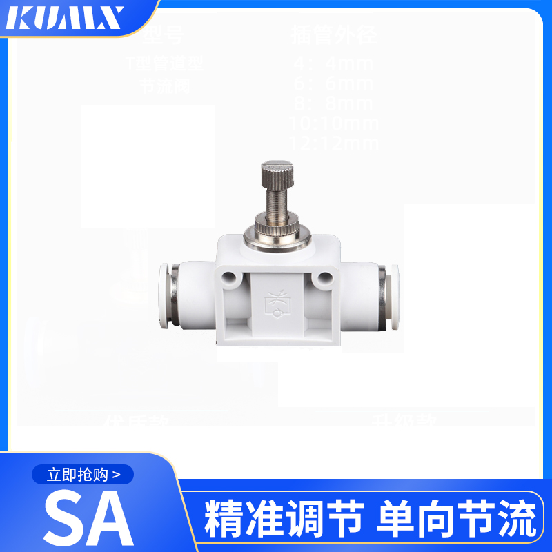 白色气动SA4快速接头SA6管道节流阀SA8 SA10 SA12 可调节塑料气管