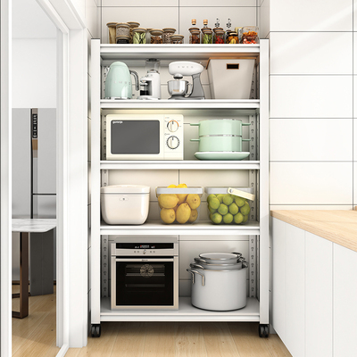 厨房置物架带轮子多层落地碳钢白色微波炉烤箱锅具收纳家用置物架