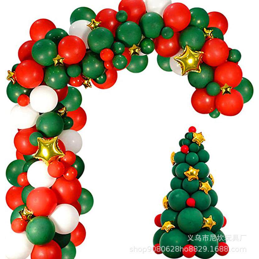 圣诞节红绿白色气球花环拱形套件带金色星星铝箔气球新年派对装饰