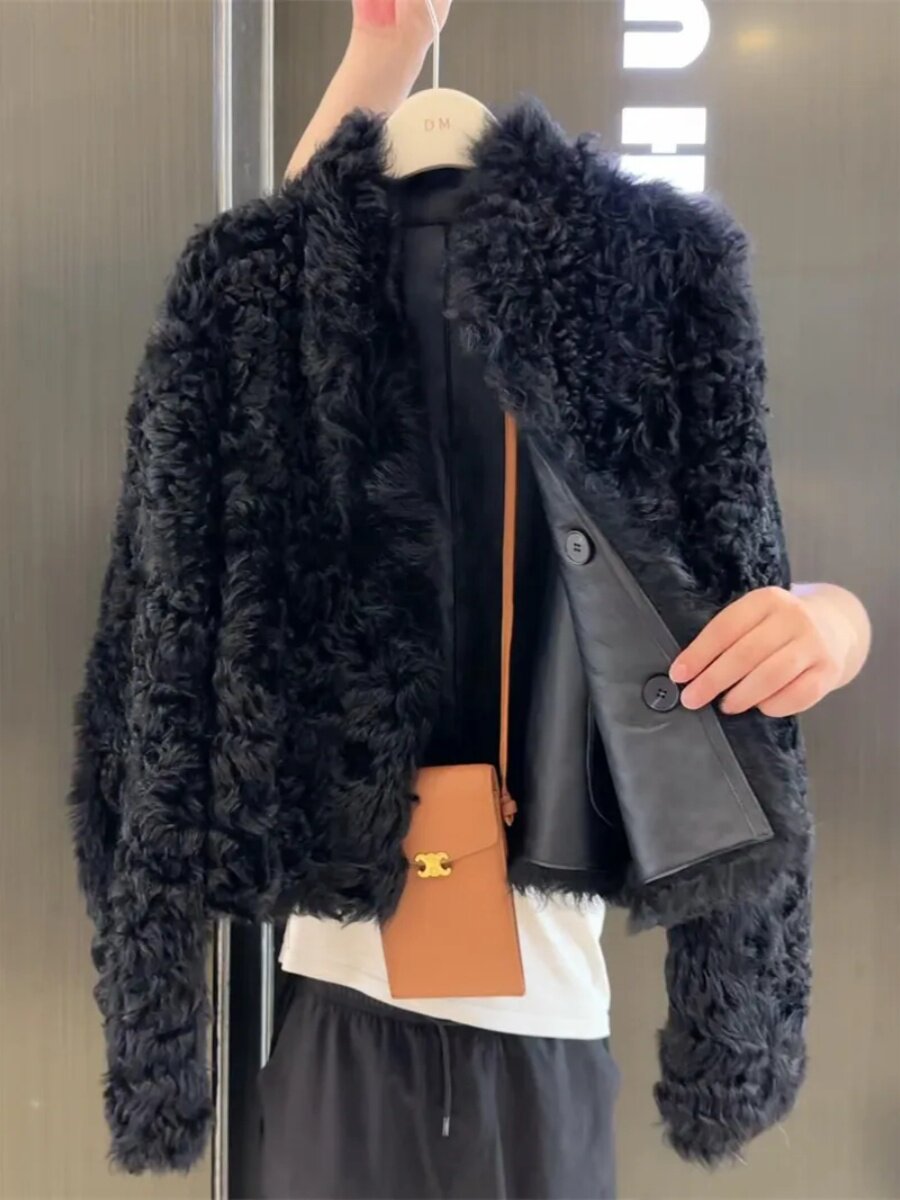 Super good-looking thickened PU leather stitched black lambswool coat women's autumn and winter Korean wear small chic top