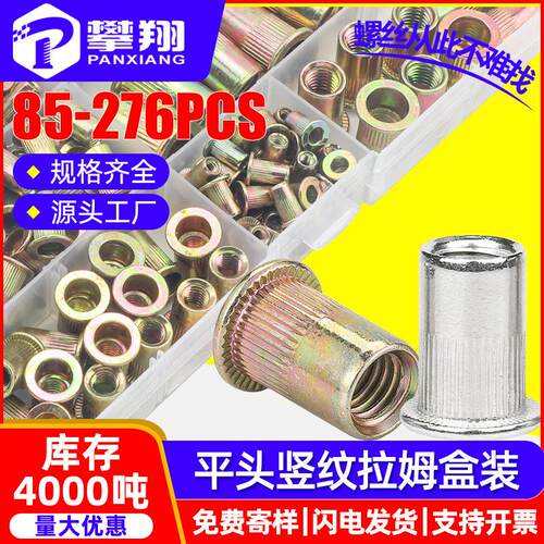 304不锈钢竖纹平头拉铆螺母盒装混装铆螺母套装跨境96/166/176PCS