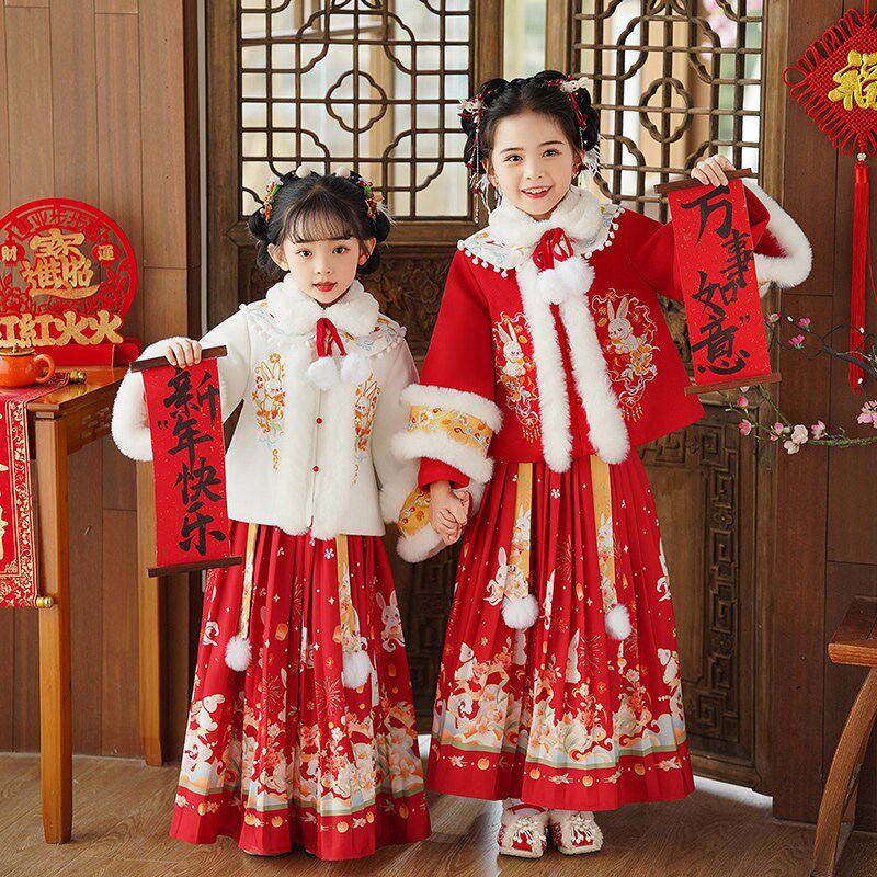 儿童汉服女童拜年服加厚洋派国风裙唐装I喜庆过年衣服冬装新年套