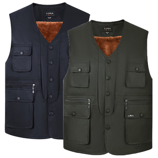 秋冬季 保暖背 中老年加绒加厚棉马甲男休闲宽松多口袋马S夹加大码