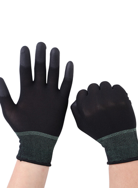 12双装灰色白手套劳保pu尼龙浸涂指涂层纱线薄款S防滑耐脏透气包