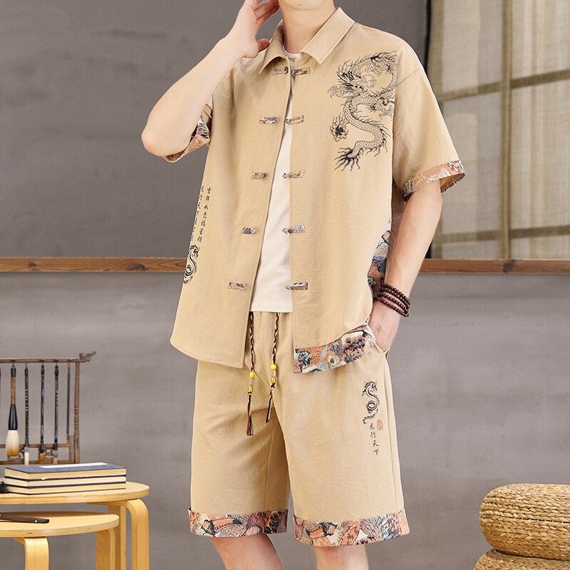 新中式禅宗短袖龙绣花q短袖短裤t恤男国风套装两件一套搭配衣服男