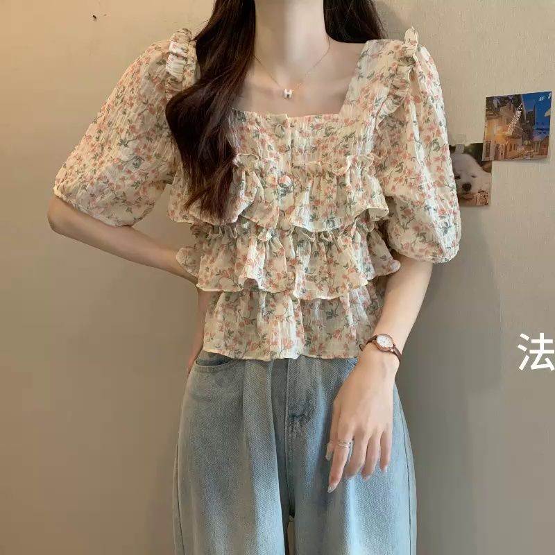 方领荷叶边短袖雪纺碎花衬衫女2023夏新款设计感小众显瘦短款上衣