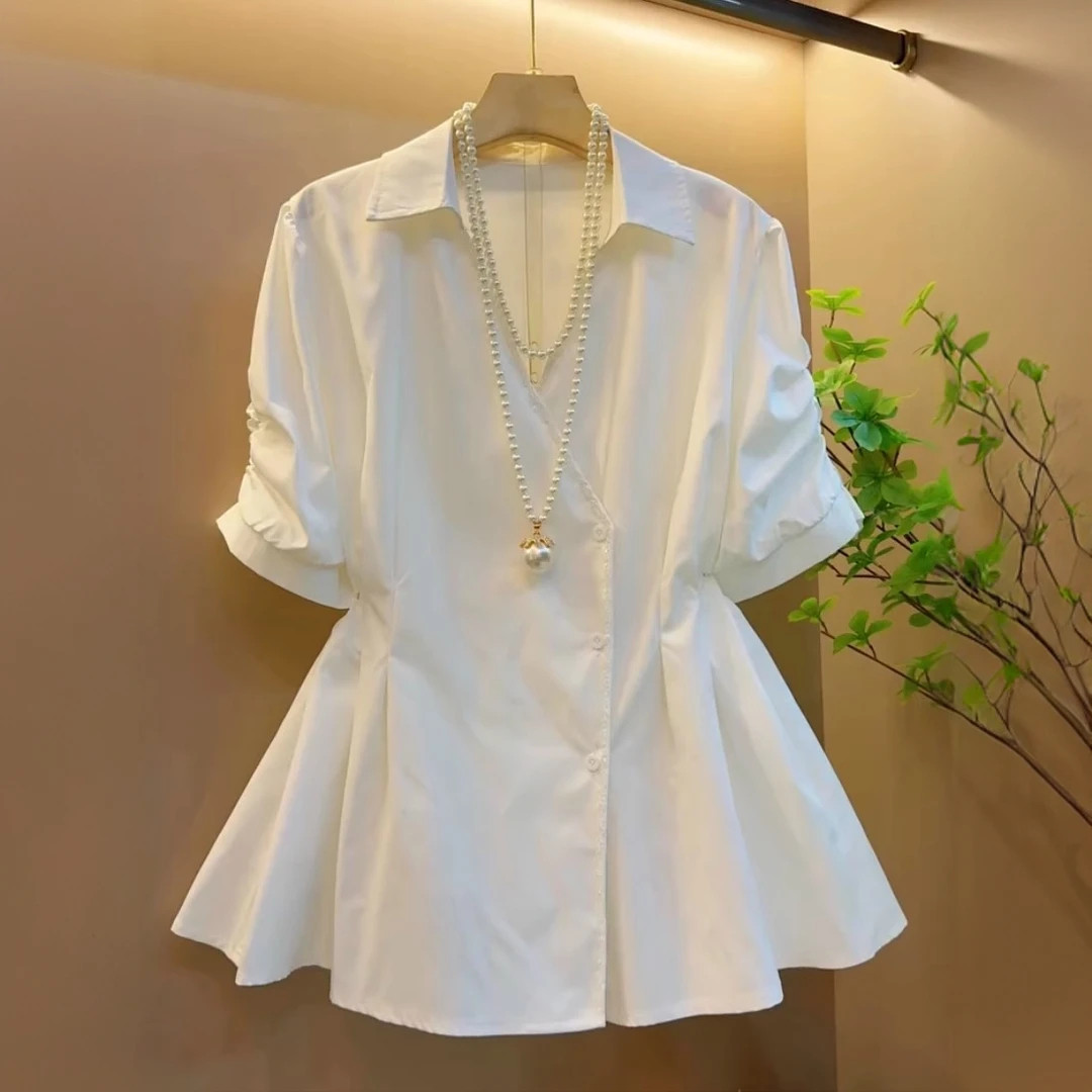 大码女装2025夏季新款白色短袖衬衫女显瘦胖妹妹休闲气质收腰上衣