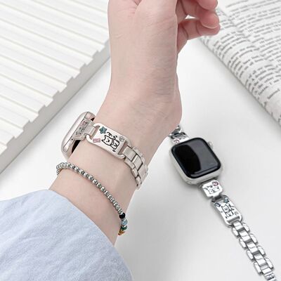 适用苹果S10彩钻小狗iwatch9金属表带S8手镯款高级4567腕带表链SE