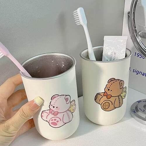 儿童可爱发条小熊牙刷杯304不锈钢卡通创意情侣一对刷牙漱口杯子