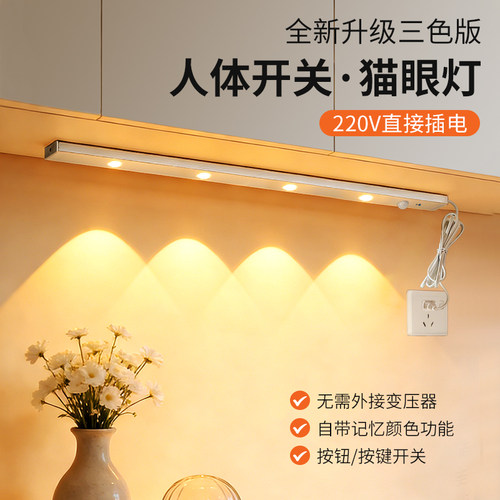 220v无变压器人体感应山丘灯橱柜灯led灯条插电鞋柜入户柜衣柜
