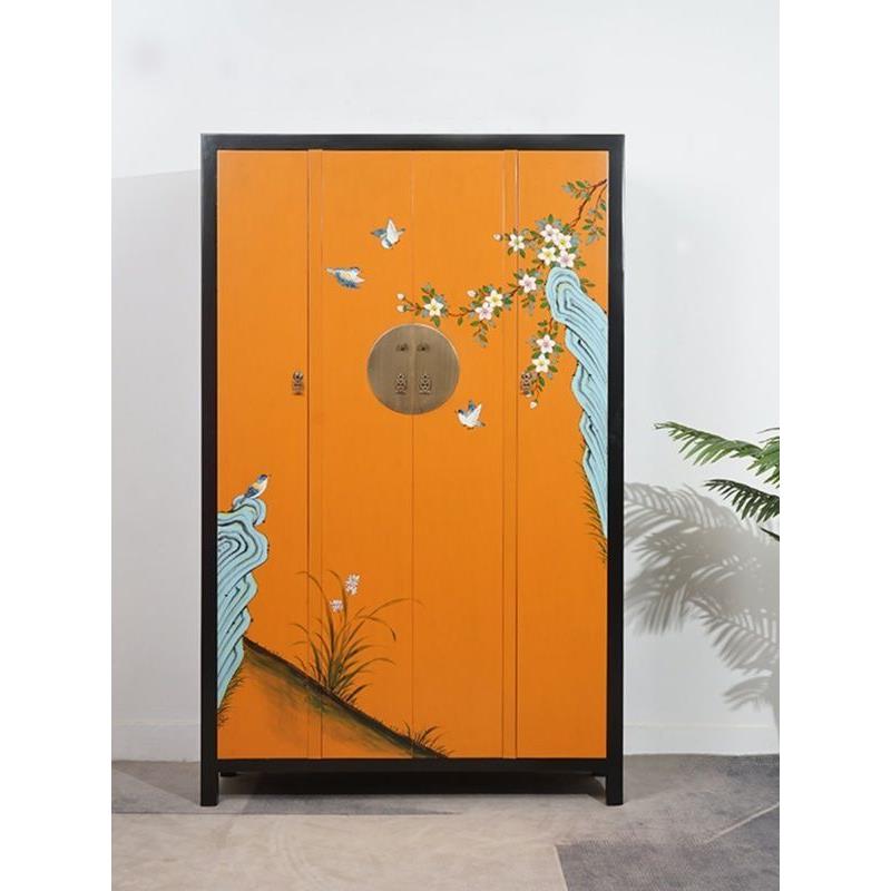 中式复古彩绘全实木四门双门大衣柜容量储物卧室彩绘榆木整体家具