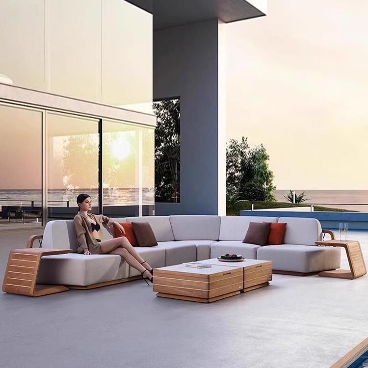 北欧高端柚木户外沙发休闲别墅庭院露天防水防晒实木沙发茶几组合