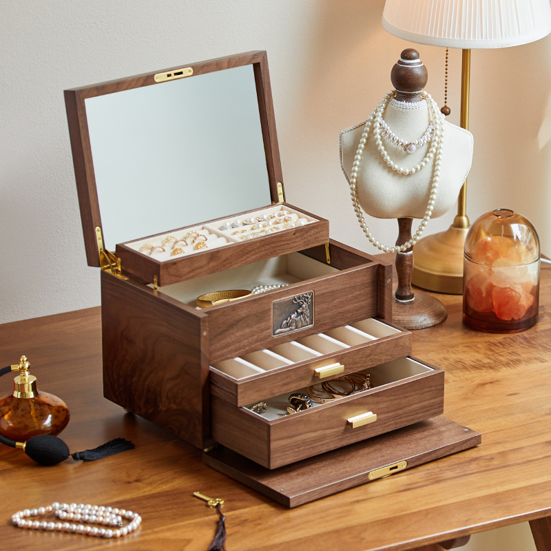 黑胡桃木实木首饰盒带锁带镜子大容量多层木质古风珠宝首饰收纳盒