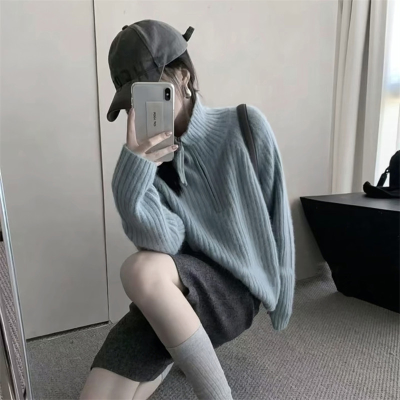 鄂尔多思2025秋冬新款翻领100%纯羊毛女士宽松休闲半拉链抽条卫衣