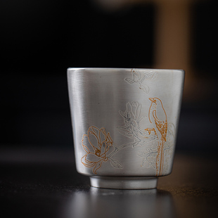 喜上眉梢主人杯鎏银茶杯荏仟堂汝窑陶瓷个人功夫茶具银杯子泡茶杯