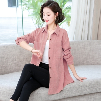 2021秋冬装新款灯芯绒长袖衬衫女中长款百搭上衣大码宽松衬衣外套