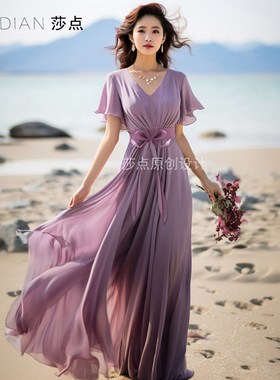 薰衣草紫色连衣裙短袖雪纺长裙收腰显瘦浪漫法式度假裙海边沙滩裙