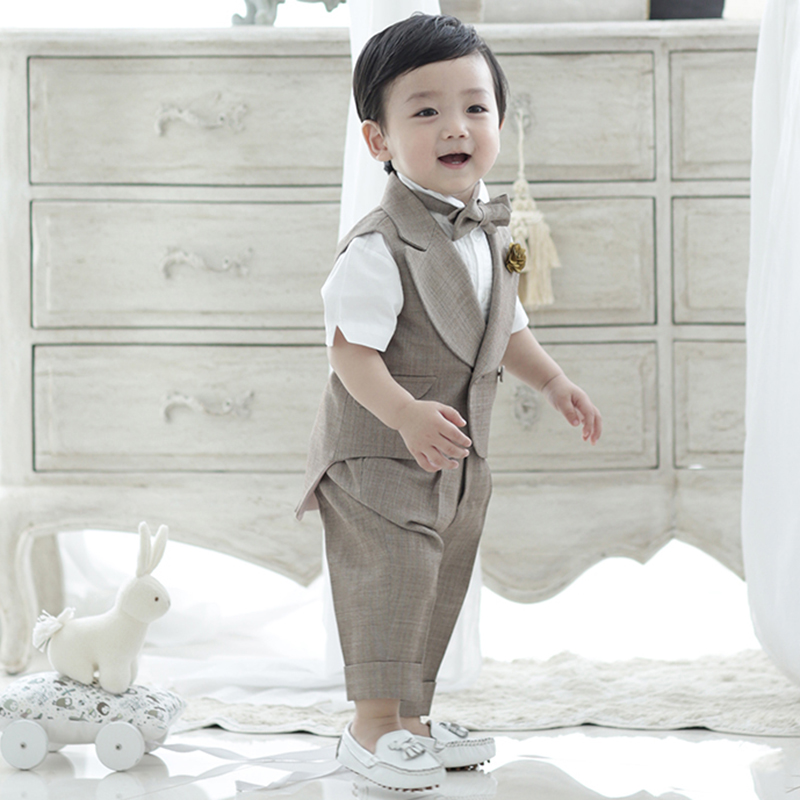 儿童西装男童西装套装三件套燕尾马甲洋气花童宝宝周岁礼服男夏季